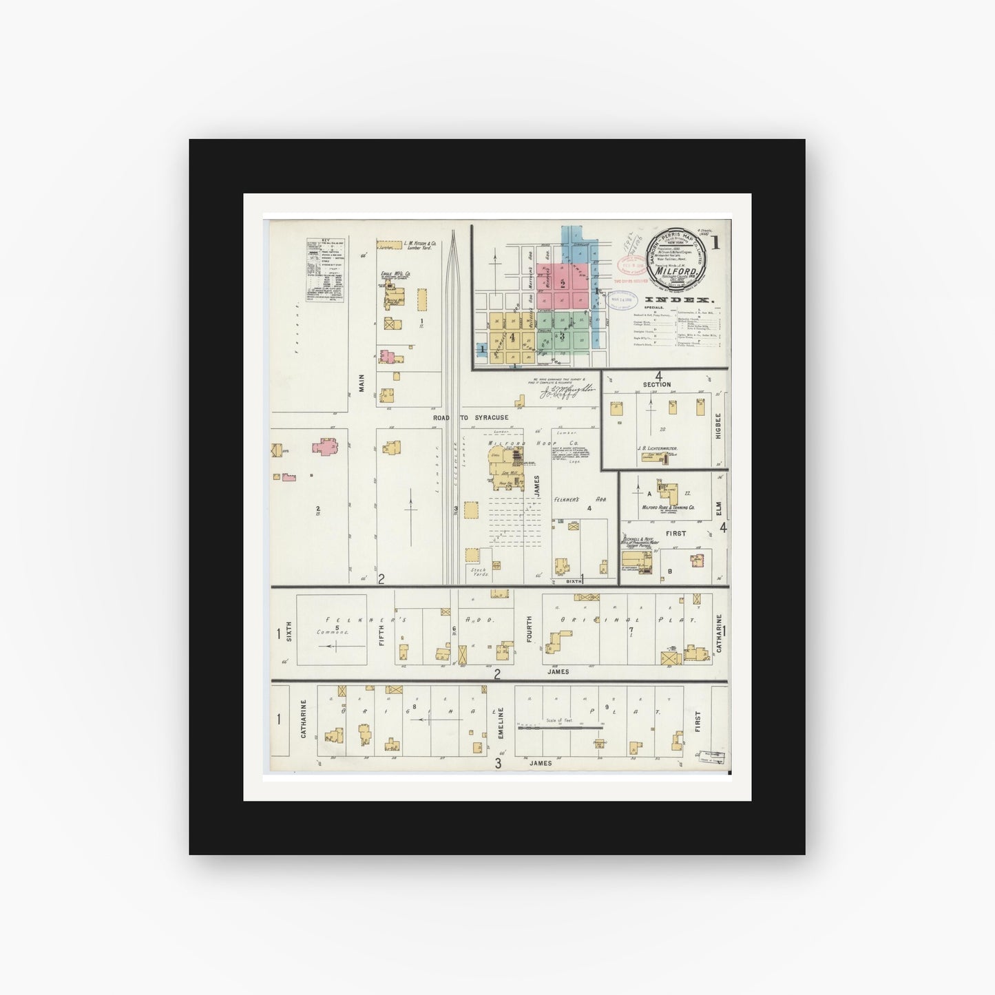 Old map wall art mockup — black gallery frame with white mat — Sanborn Fire Insurance Map from Milford, Kosciusko County, Indiana (1897) - Complete Map Set