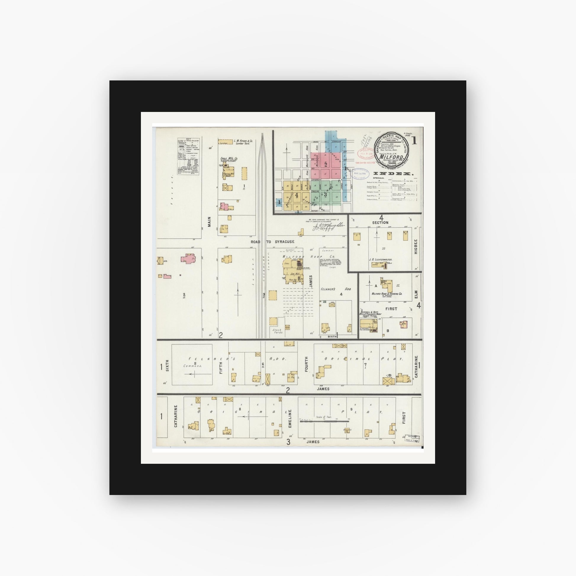 Old map wall art mockup — black gallery frame with white mat — Sanborn Fire Insurance Map from Milford, Kosciusko County, Indiana (1897) - Complete Map Set