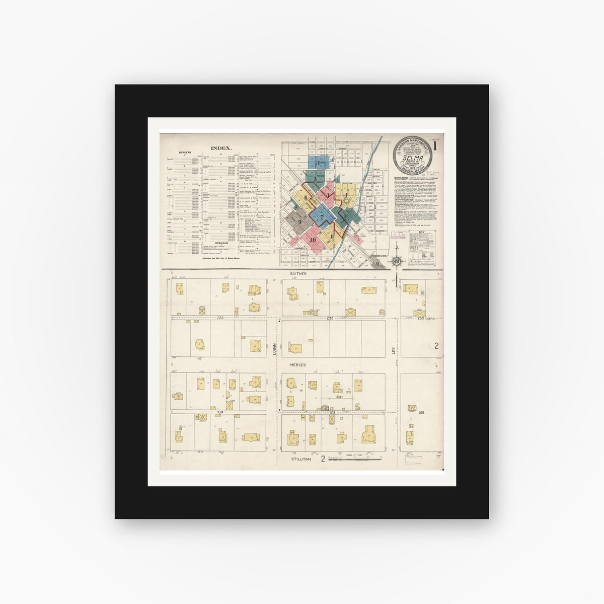 Old map wall art mockup — black gallery frame with white mat — Sanborn Fire Insurance Map from Selma, Fresno County, California (1913) - Complete Map Set