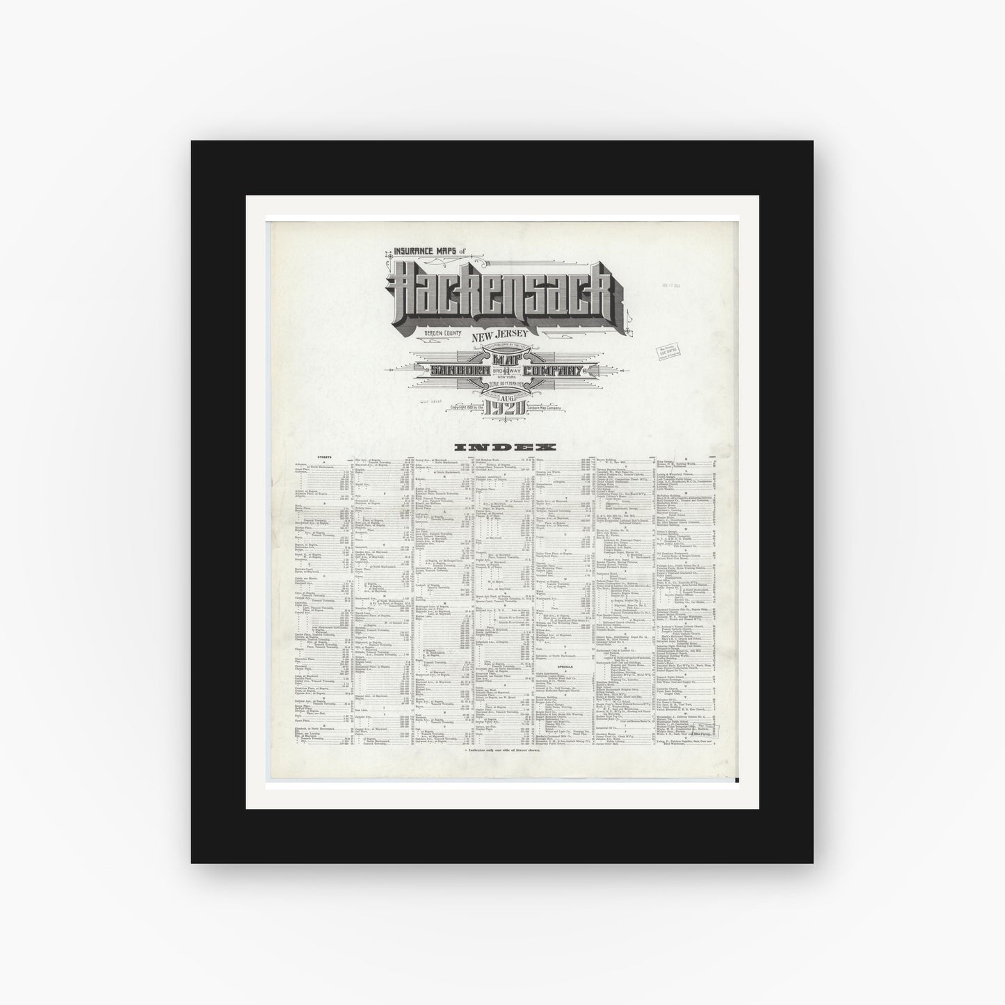 Old map wall art mockup — black gallery frame with white mat — Sanborn Fire Insurance Map from Hackensack, Bergen County, New Jersey (1920), Sheet #0001