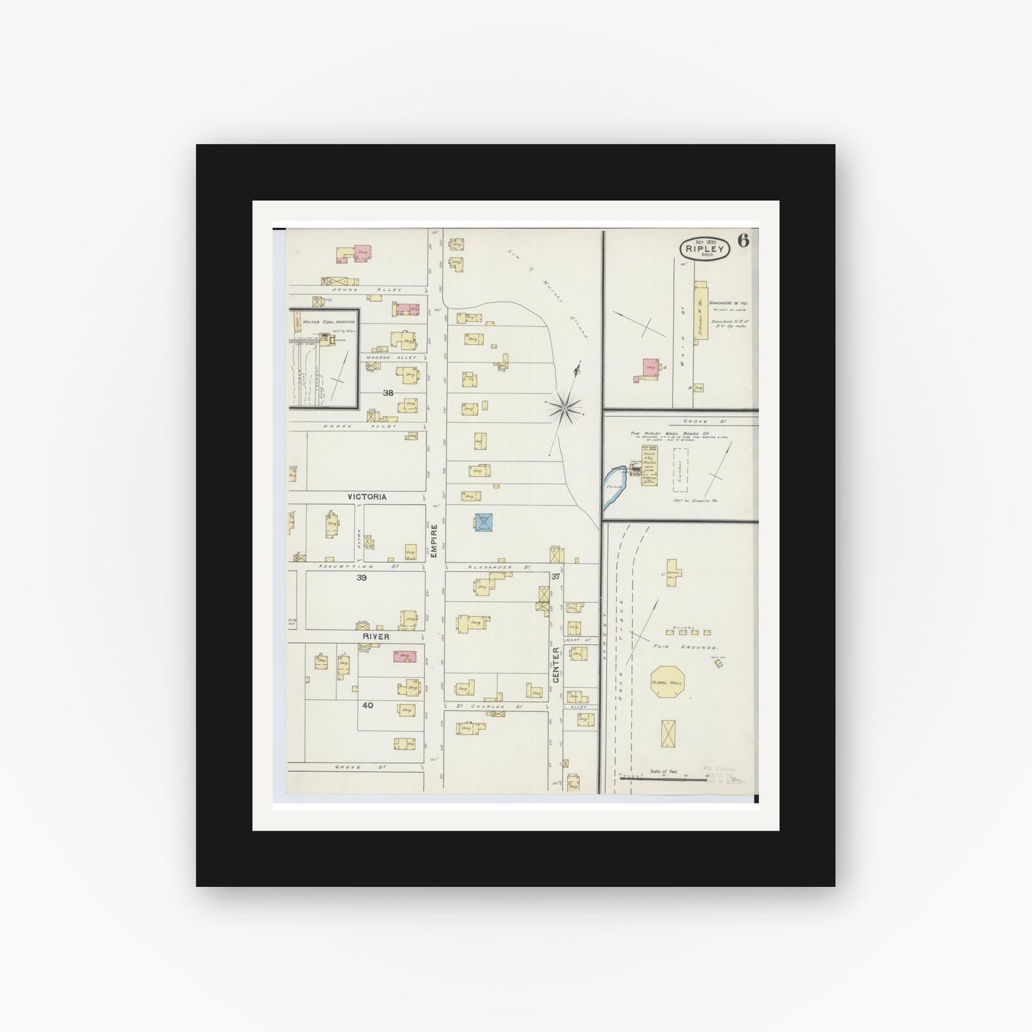 Old map wall art mockup — black gallery frame with white mat — Sanborn Fire Insurance Map from Ripley, Brown County, Ohio (1890), Sheet #0006