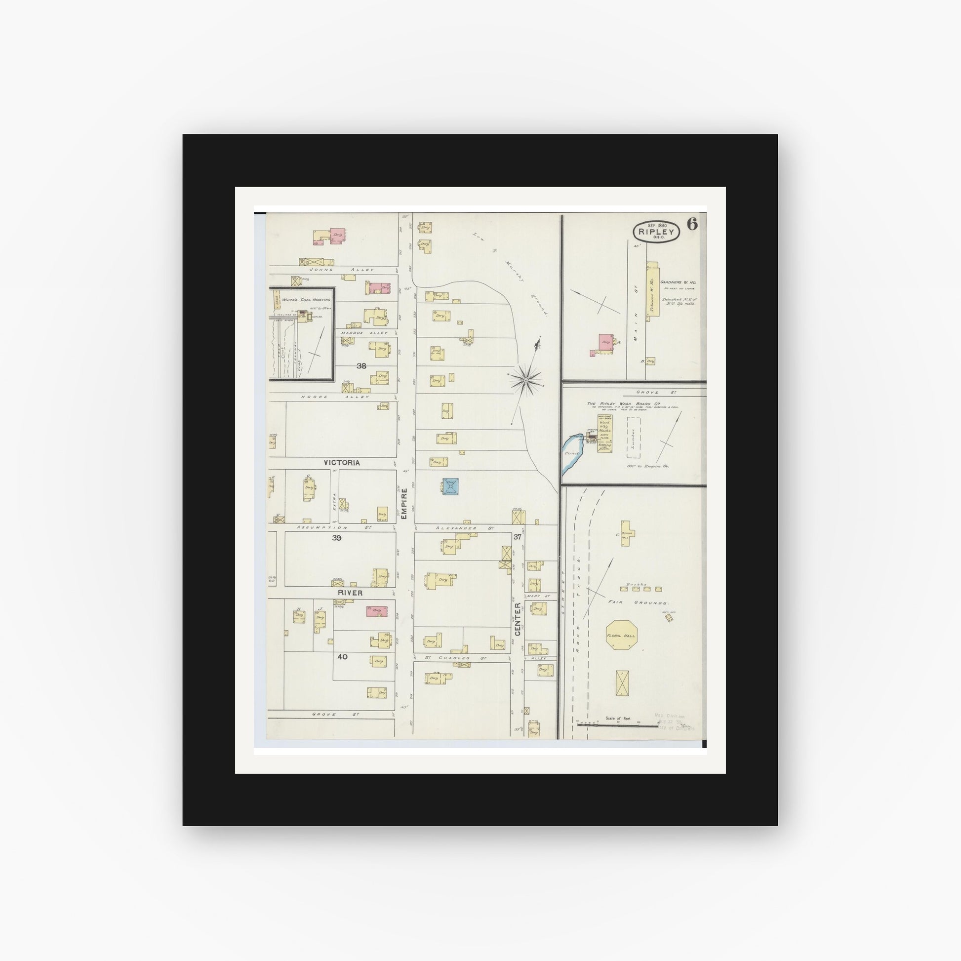 Old map wall art mockup — black gallery frame with white mat — Sanborn Fire Insurance Map from Ripley, Brown County, Ohio (1890), Sheet #0006