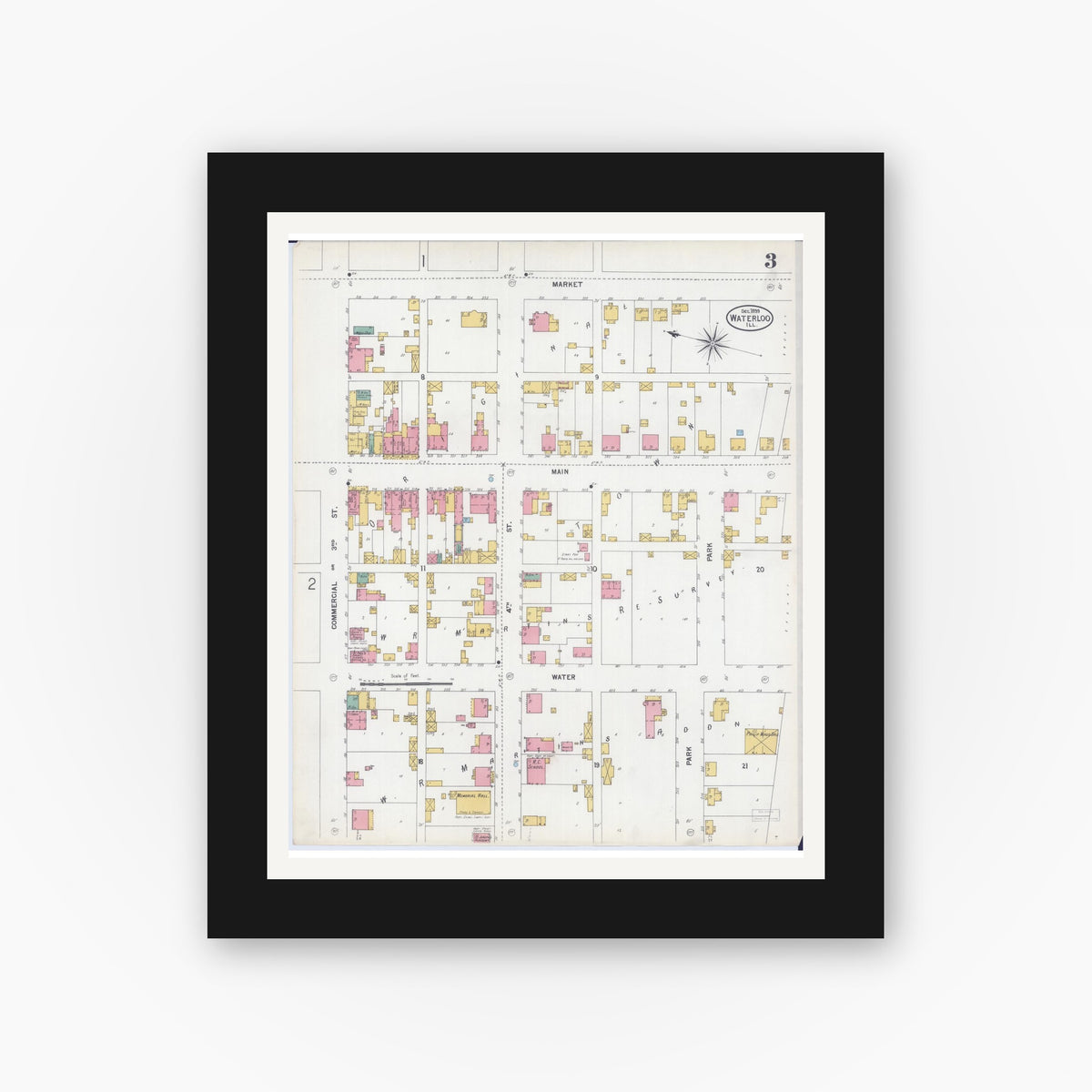 Old map wall art mockup — black gallery frame with white mat — Sanborn Fire Insurance Map from Waterloo, Monroe County, Illinois (1899), Sheet #0003