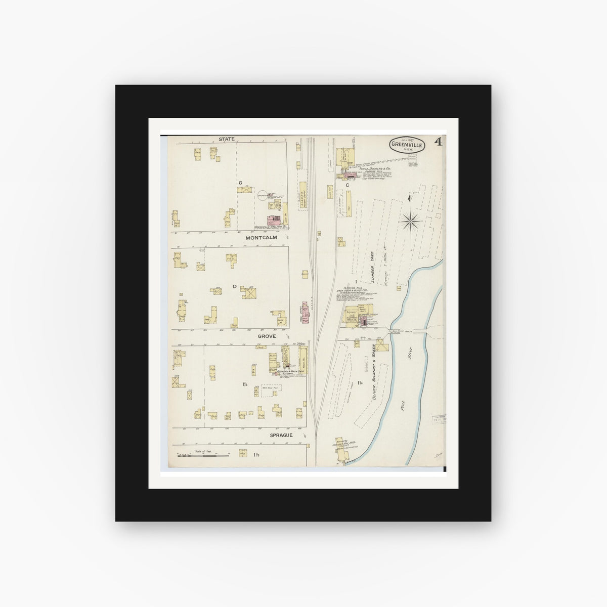 Old map wall art mockup — black gallery frame with white mat — Sanborn Fire Insurance Map from Greenville, Montcalm County, Michigan (1887), Sheet #0004