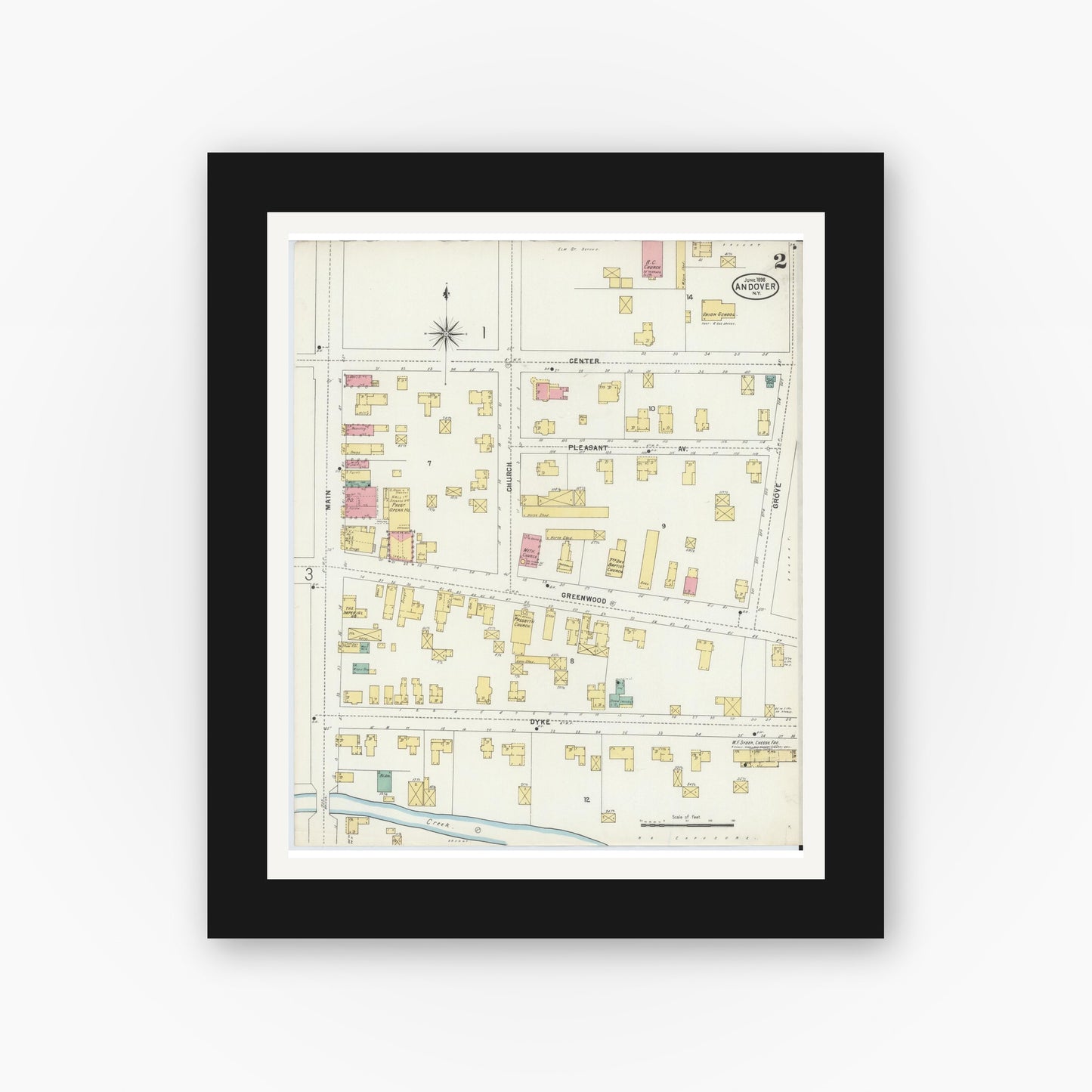 Old map wall art mockup — black gallery frame with white mat — Sanborn Fire Insurance Map from Andover, Allegany County, New York (1898), Sheet #0002