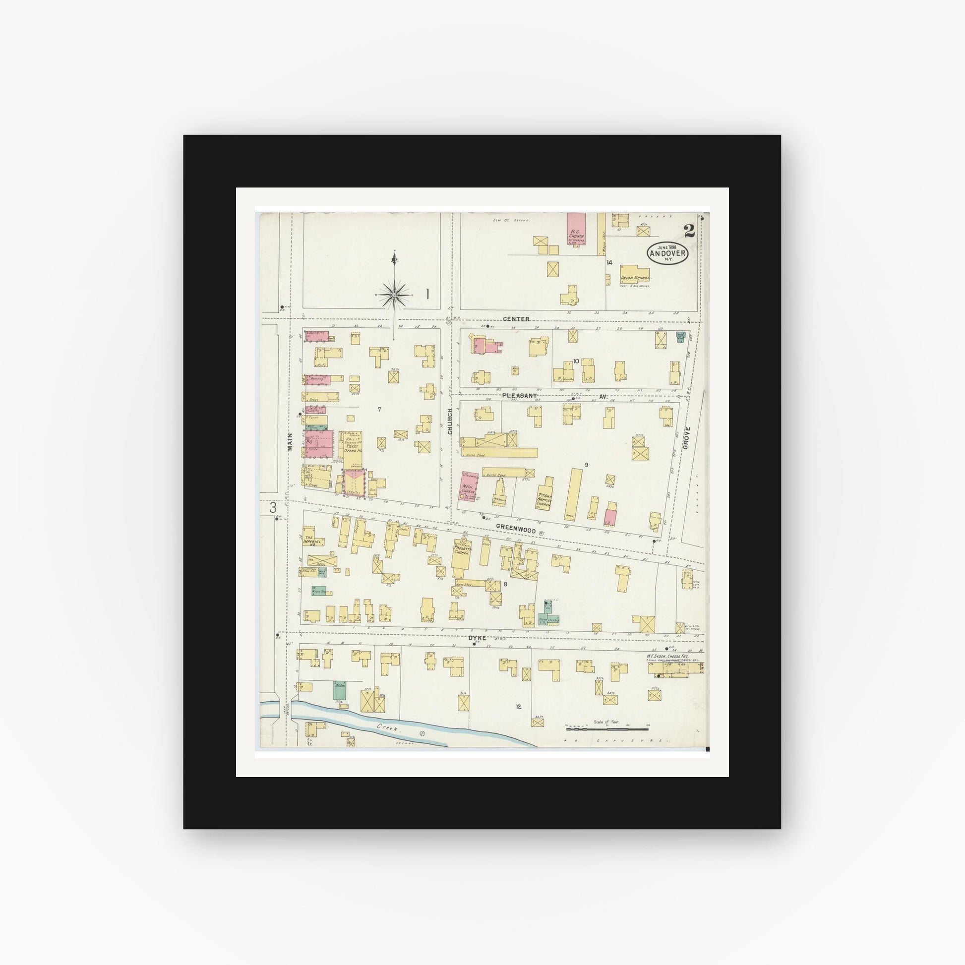 Old map wall art mockup — black gallery frame with white mat — Sanborn Fire Insurance Map from Andover, Allegany County, New York (1898), Sheet #0002