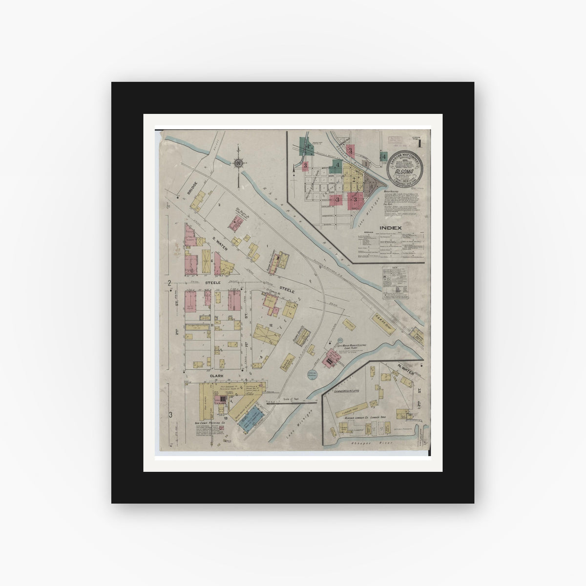 Old map wall art mockup — black gallery frame with white mat — Sanborn Fire Insurance Map from Algoma, Kewaunee County, Wisconsin (1909) - Complete Map Set