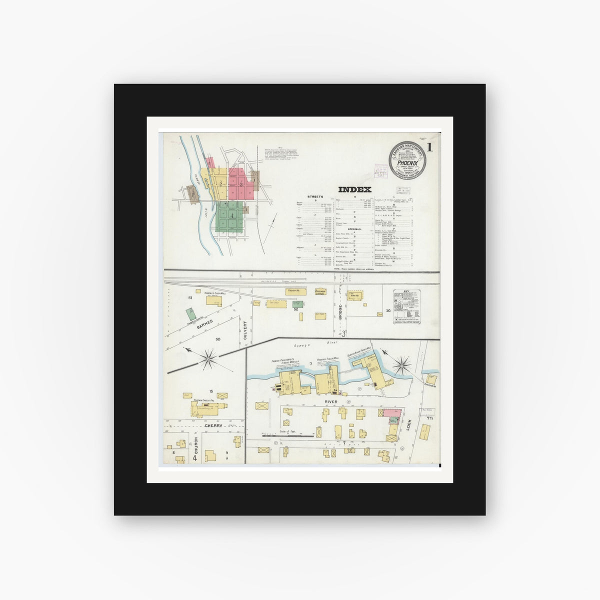 Old map wall art mockup — black gallery frame with white mat — Sanborn Fire Insurance Map from Phoenix, Oswego County, New York (1904) - Complete Map Set