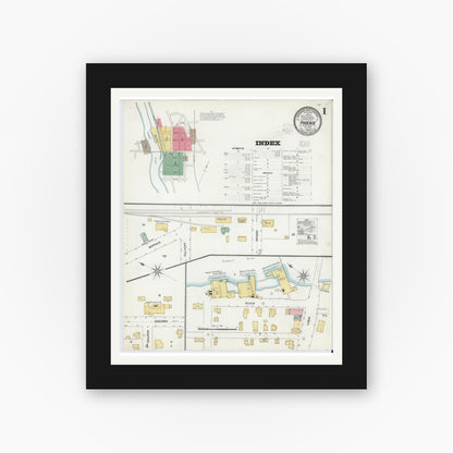 Old map wall art mockup — black gallery frame with white mat — Sanborn Fire Insurance Map from Phoenix, Oswego County, New York (1904) - Complete Map Set