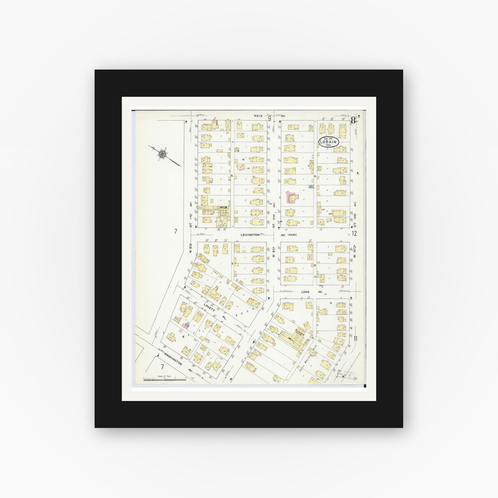 Old map wall art mockup — black gallery frame with white mat — Sanborn Fire Insurance Map from Lorain, Lorain County, Ohio (1910), Sheet #0008