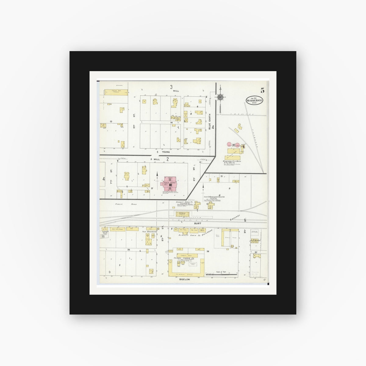 Old map wall art mockup — black gallery frame with white mat — Sanborn Fire Insurance Map from Winnebago, Faribault County, Minnesota (1911), Sheet #0005