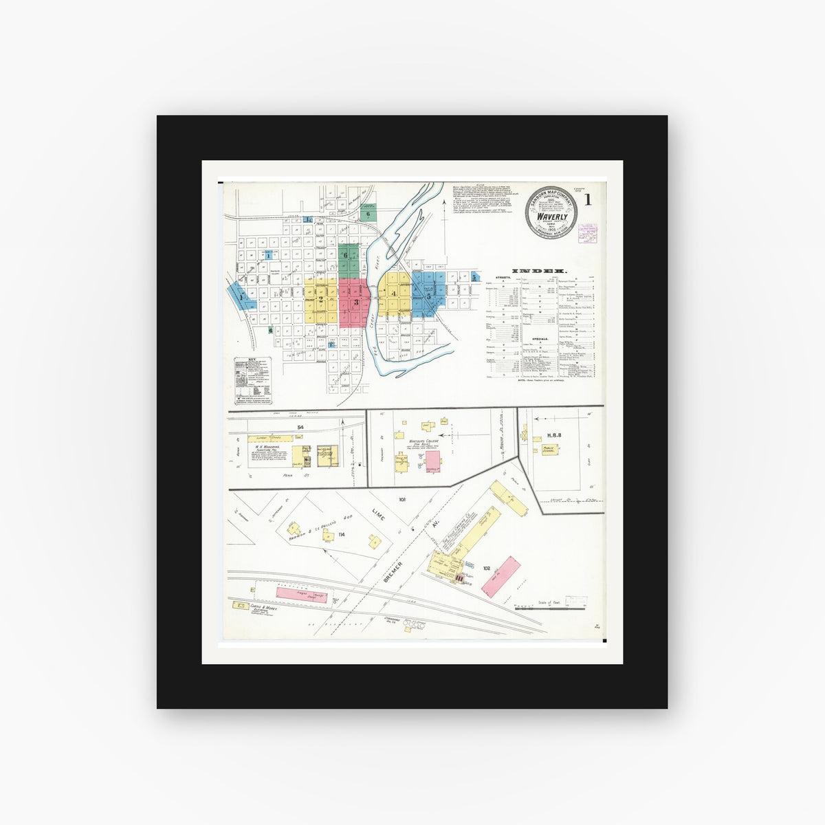 Old map wall art mockup — black gallery frame with white mat — Sanborn Fire Insurance Map from Waverly, Bremer County, Iowa (1905), Sheet #0001