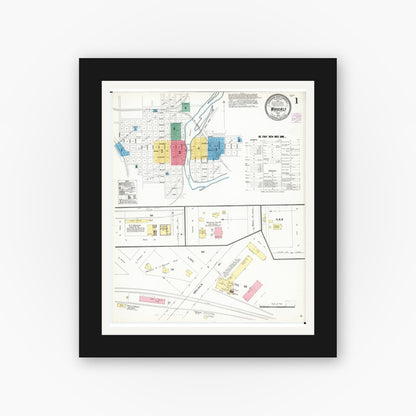 Old map wall art mockup — black gallery frame with white mat — Sanborn Fire Insurance Map from Waverly, Bremer County, Iowa (1905), Sheet #0001