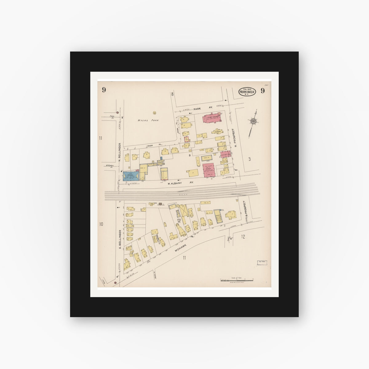 Old map wall art mockup — black gallery frame with white mat — Sanborn Fire Insurance Map from Herkimer, Herkimer County, New York (1923), Sheet #0009