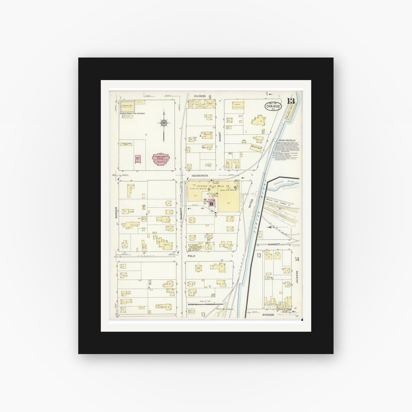 Old map wall art mockup — black gallery frame with white mat — Sanborn Fire Insurance Map from Orange, Orange County, Texas (1914), Sheet #0013