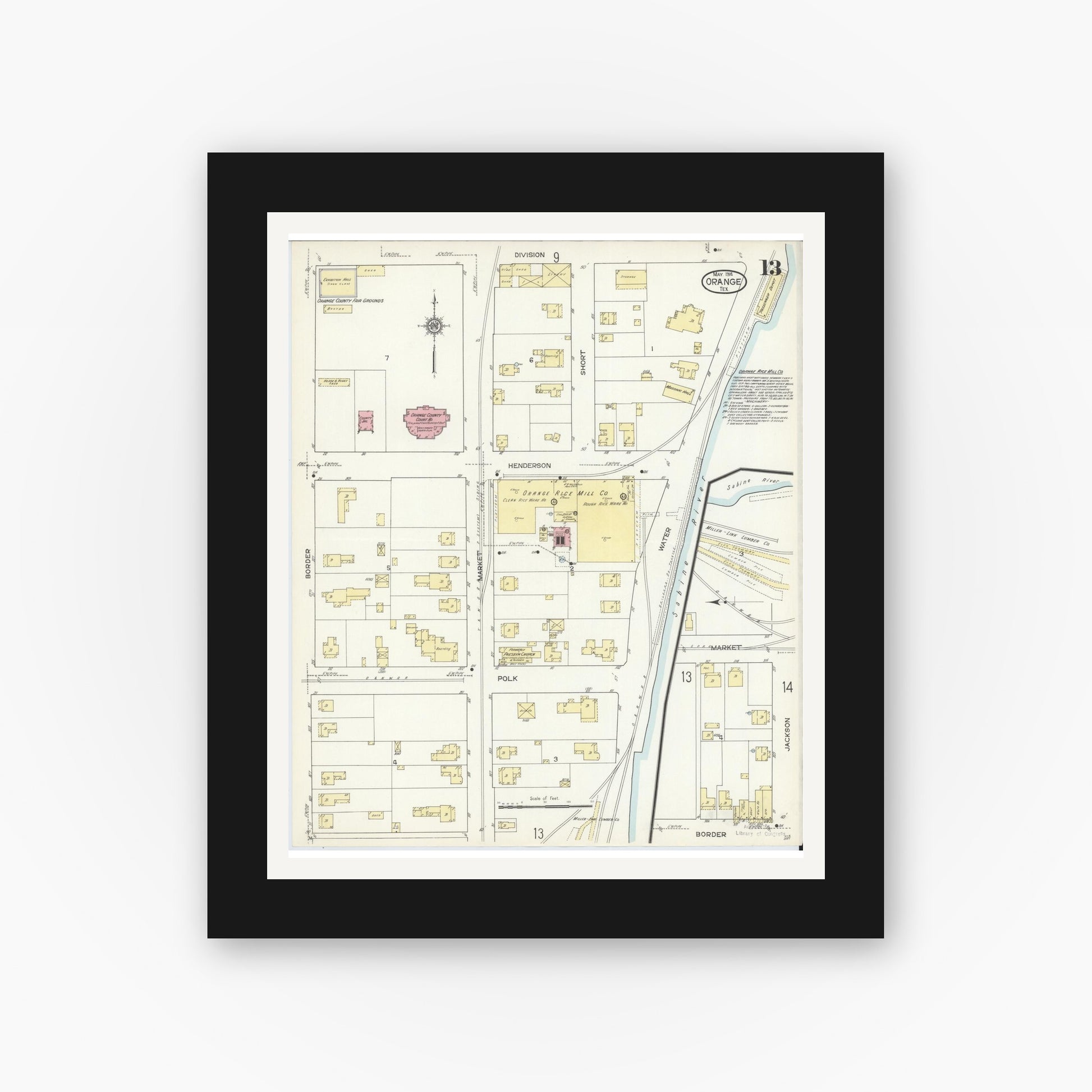 Old map wall art mockup — black gallery frame with white mat — Sanborn Fire Insurance Map from Orange, Orange County, Texas (1914), Sheet #0013