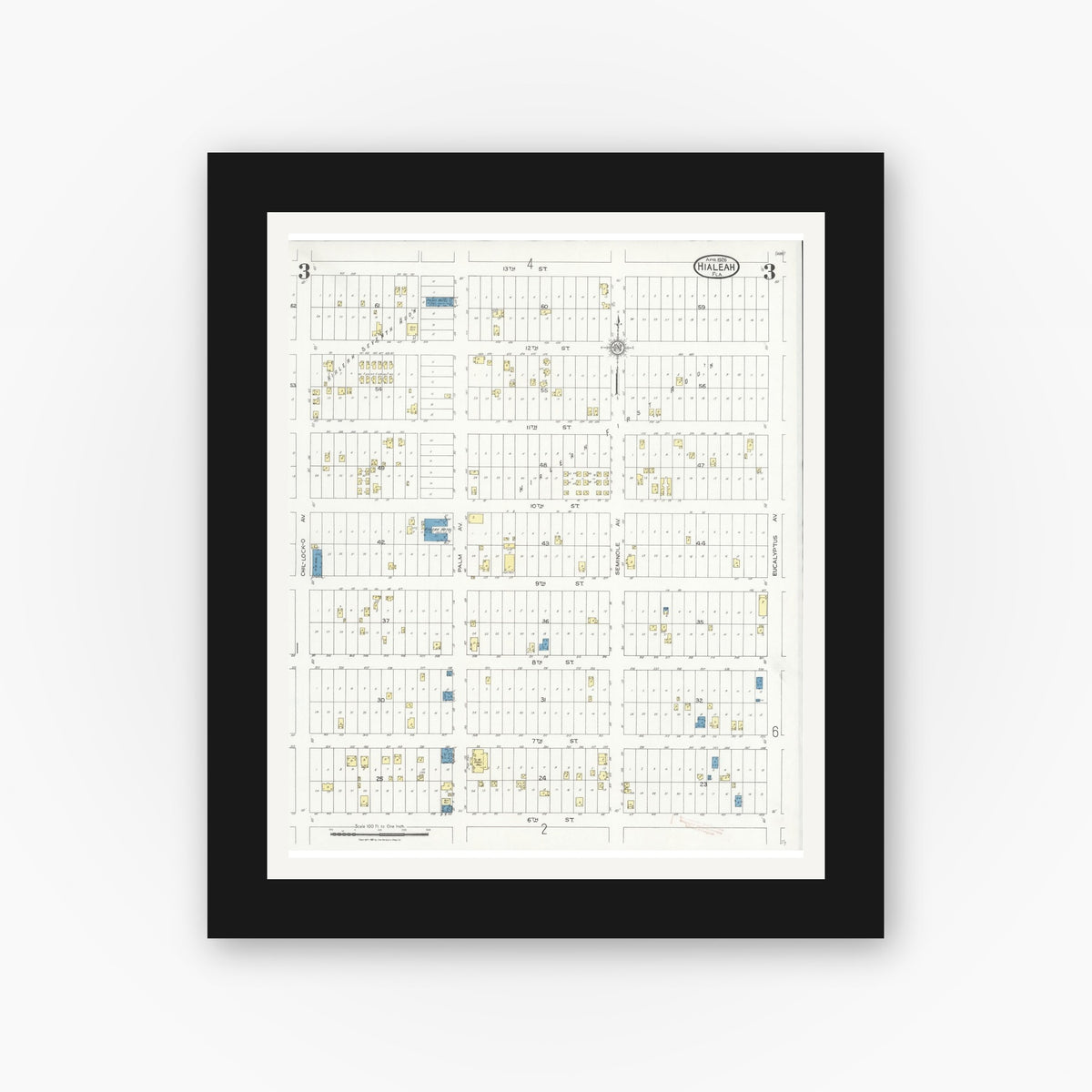 Old map wall art mockup — black gallery frame with white mat — Sanborn Fire Insurance Map from Hialeah, Dade County, Florida (1926), Sheet #0003