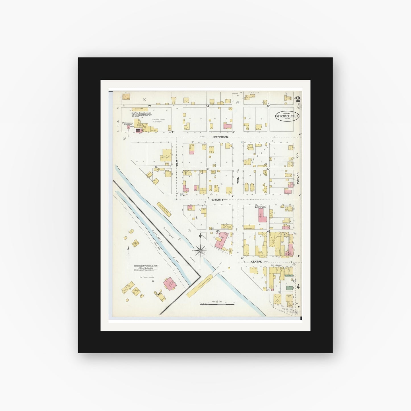 Old map wall art mockup — black gallery frame with white mat — Sanborn Fire Insurance Map from McConnelsville, Morgan County, Ohio (1901), Sheet #0002