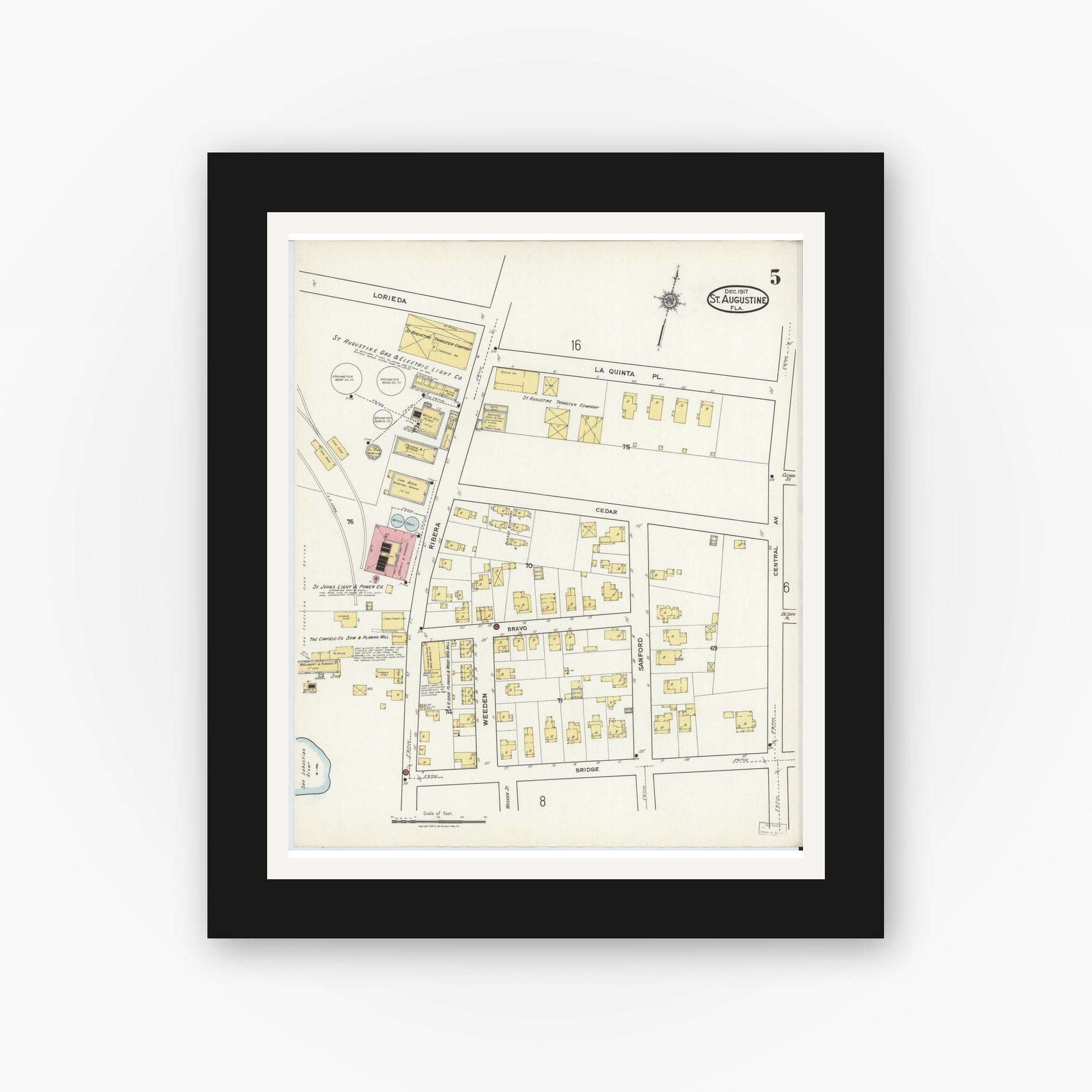Old map wall art mockup — black gallery frame with white mat — Sanborn Fire Insurance Map from Saint Augustine, Saint John's County, Florida (1917), Sheet #0005