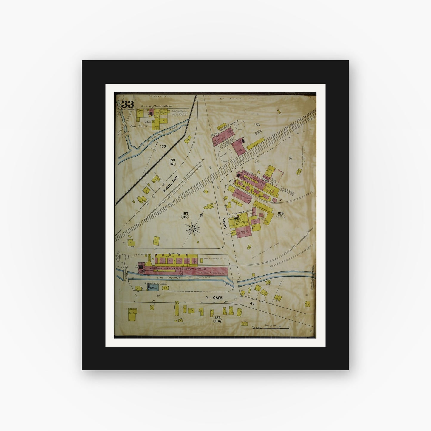 Old map wall art mockup — black gallery frame with white mat — Sanborn Fire Insurance Map from Akron, Summit County, Ohio (1892), Sheet #0033
