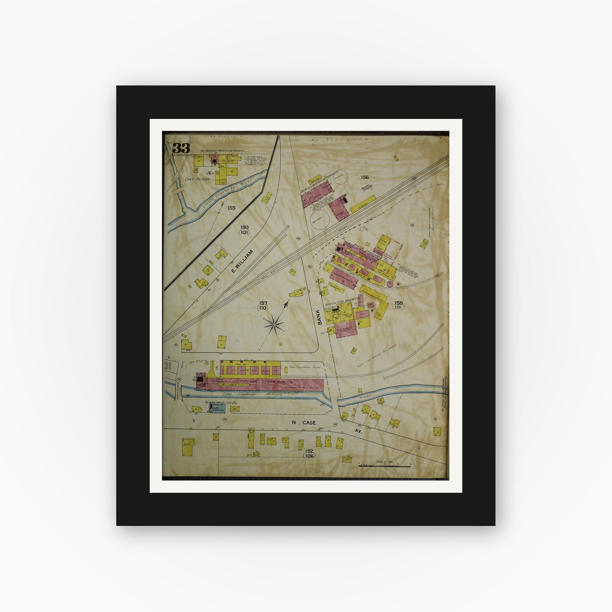 Old map wall art mockup — black gallery frame with white mat — Sanborn Fire Insurance Map from Akron, Summit County, Ohio (1892), Sheet #0033