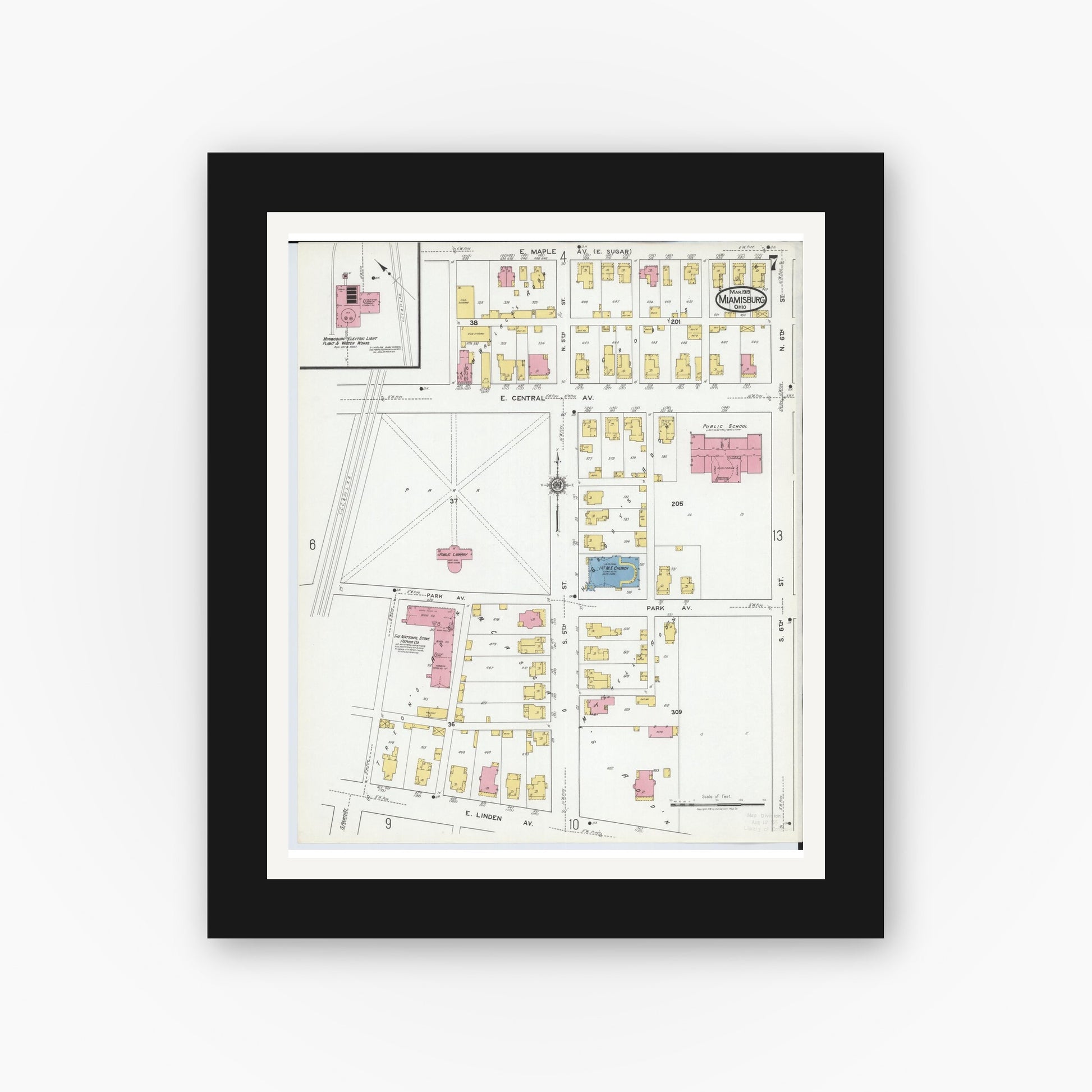 Old map wall art mockup — black gallery frame with white mat — Sanborn Fire Insurance Map from Miamisburg, Montgomery County, Ohio (1919), Sheet #0007
