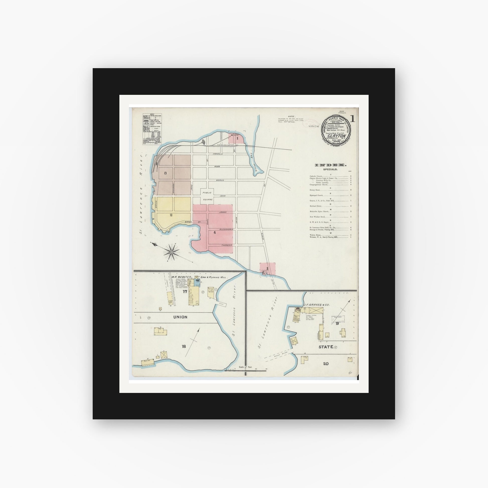 Old map wall art mockup — black gallery frame with white mat — Sanborn Fire Insurance Map from Clayton, Jefferson County, New York (1891) - Complete Map Set