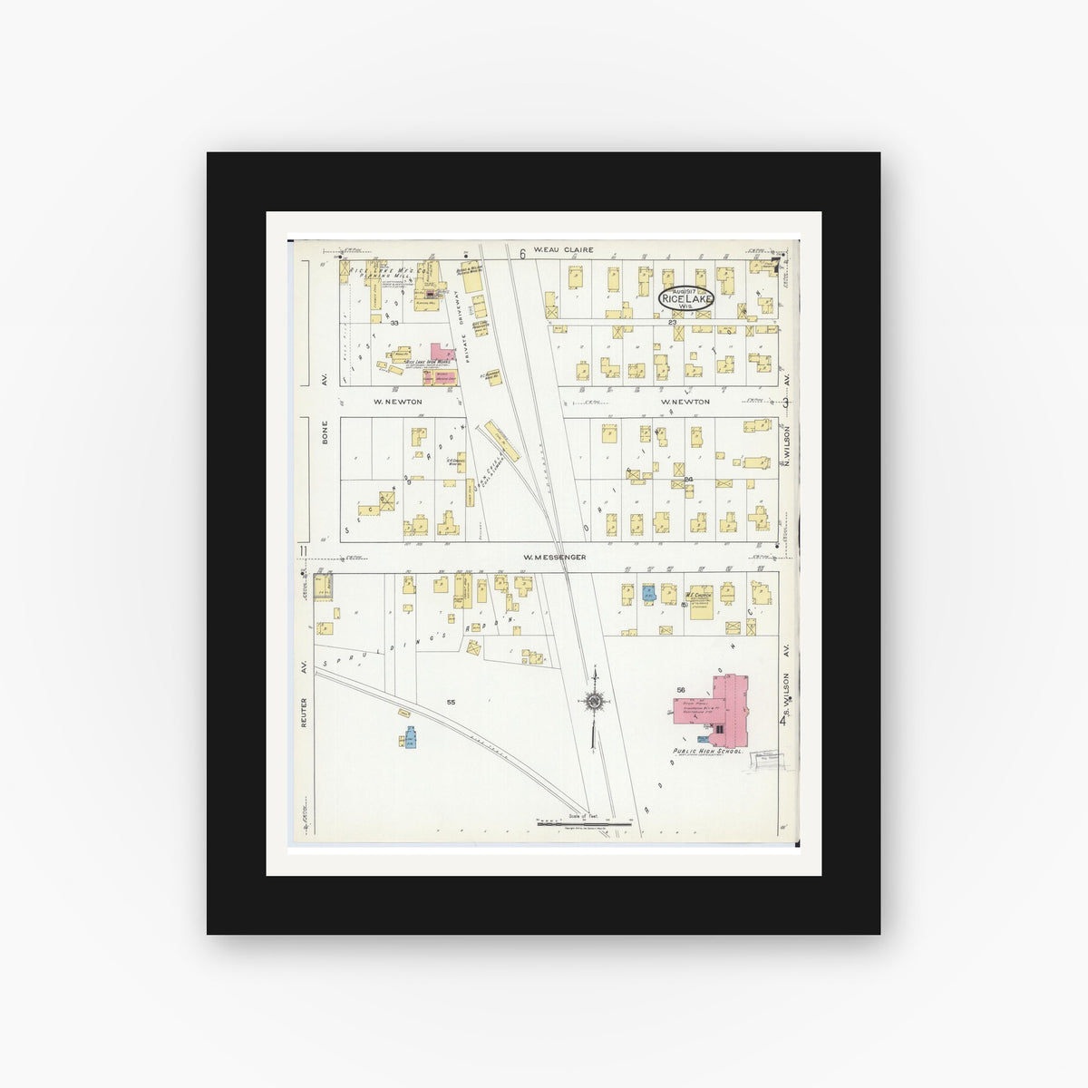 Old map wall art mockup — black gallery frame with white mat — Sanborn Fire Insurance Map from Rice Lake, Barron County, Wisconsin (1917), Sheet #0007