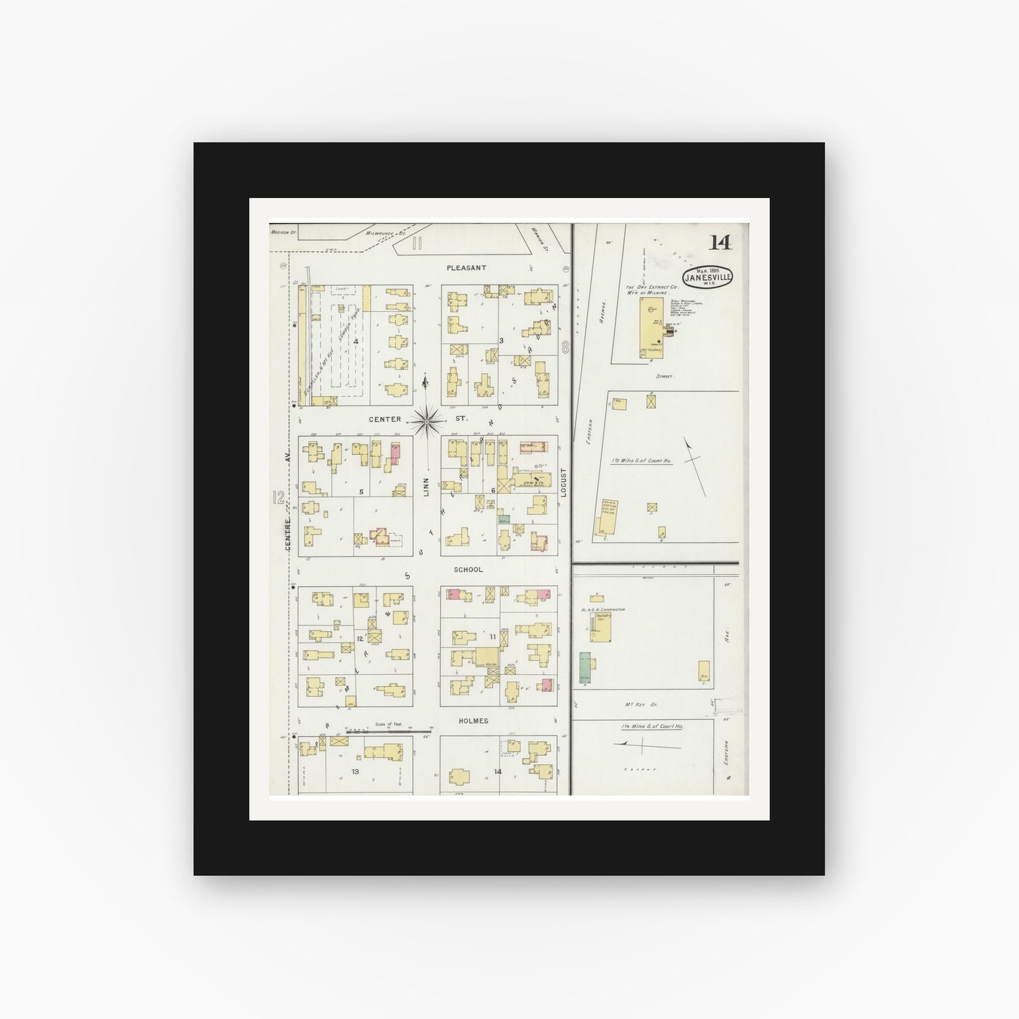 Old map wall art mockup — black gallery frame with white mat — Sanborn Fire Insurance Map from Janesville, Rock County, Wisconsin (1895), Sheet #0014