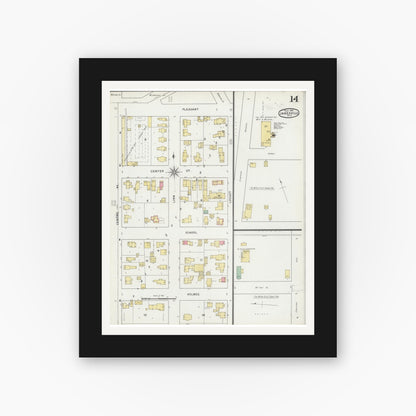 Old map wall art mockup — black gallery frame with white mat — Sanborn Fire Insurance Map from Janesville, Rock County, Wisconsin (1895), Sheet #0014