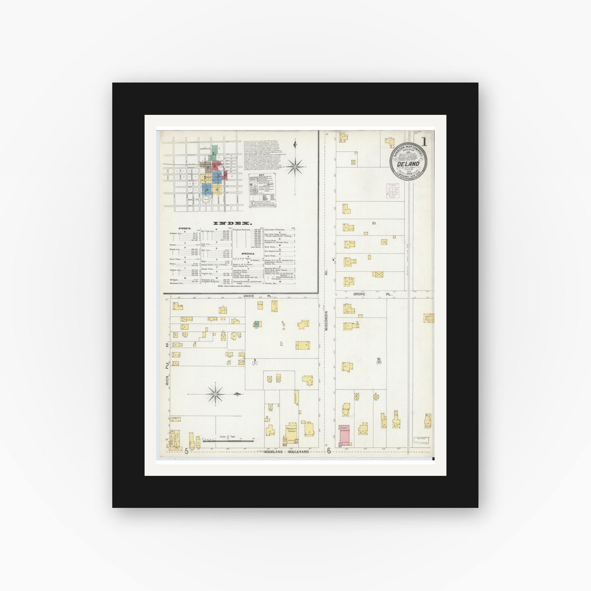 Old map wall art mockup — black gallery frame with white mat — Sanborn Fire Insurance Map from De Land, Volusia County, Florida (1903) - Complete Map Set