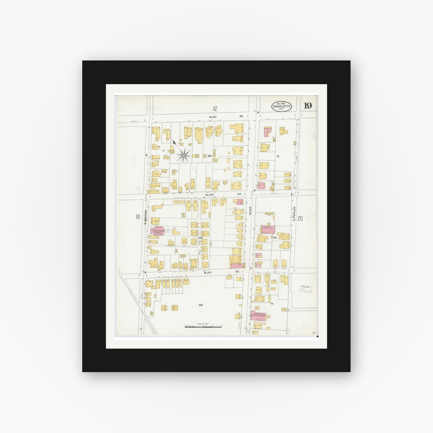 Old map wall art mockup — black gallery frame with white mat — Sanborn Fire Insurance Map from Charlotte, Mecklenburg County, North Carolina (1905), Sheet #0019