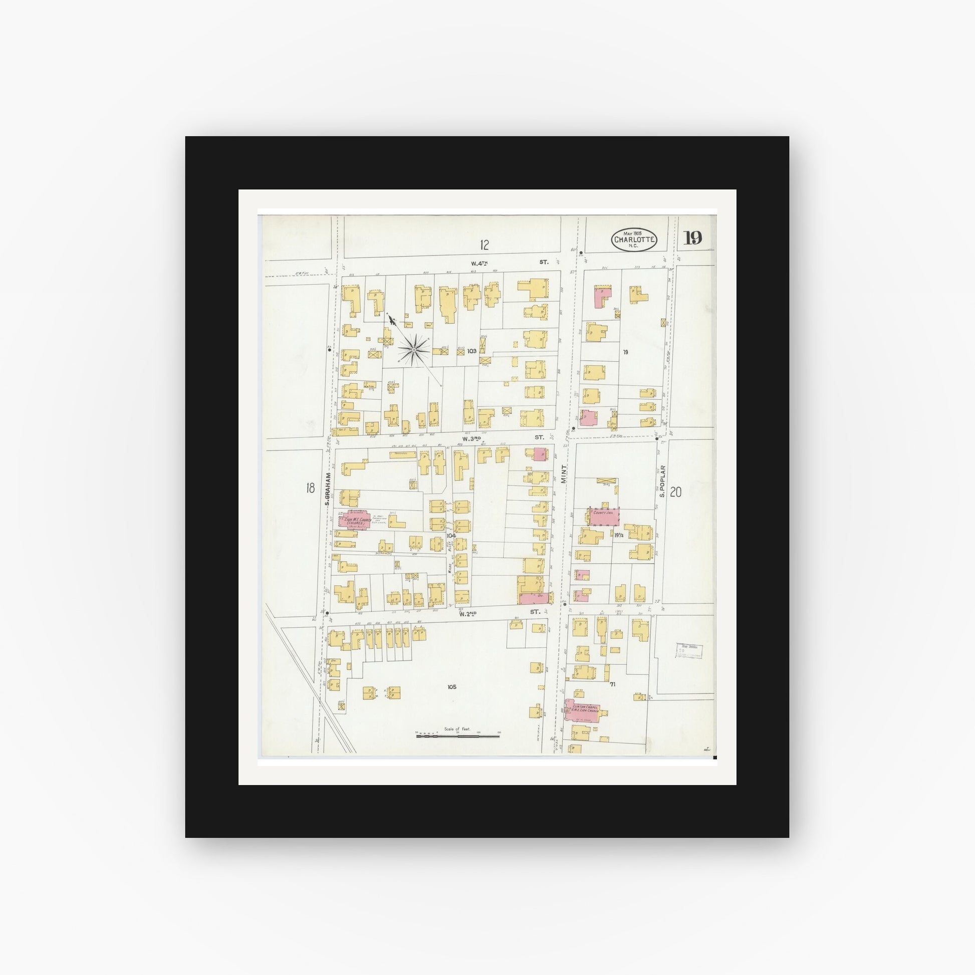 Old map wall art mockup — black gallery frame with white mat — Sanborn Fire Insurance Map from Charlotte, Mecklenburg County, North Carolina (1905), Sheet #0019