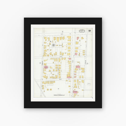 Old map wall art mockup — black gallery frame with white mat — Sanborn Fire Insurance Map from Charlotte, Mecklenburg County, North Carolina (1905), Sheet #0019