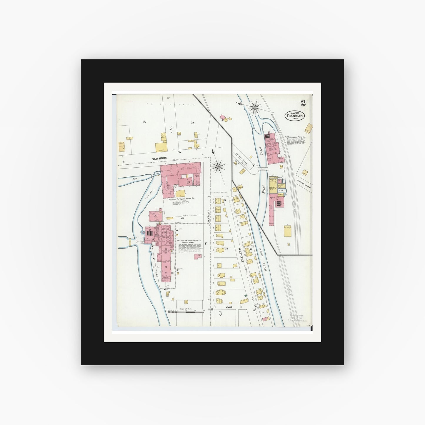 Old map wall art mockup — black gallery frame with white mat — Sanborn Fire Insurance Map from Franklin, Warren County, Ohio (1905), Sheet #0002