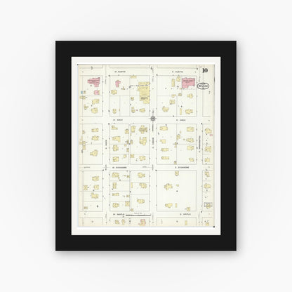 Old map wall art mockup — black gallery frame with white mat — Sanborn Fire Insurance Map from Nevada, Vernon County, Missouri (1914), Sheet #0010