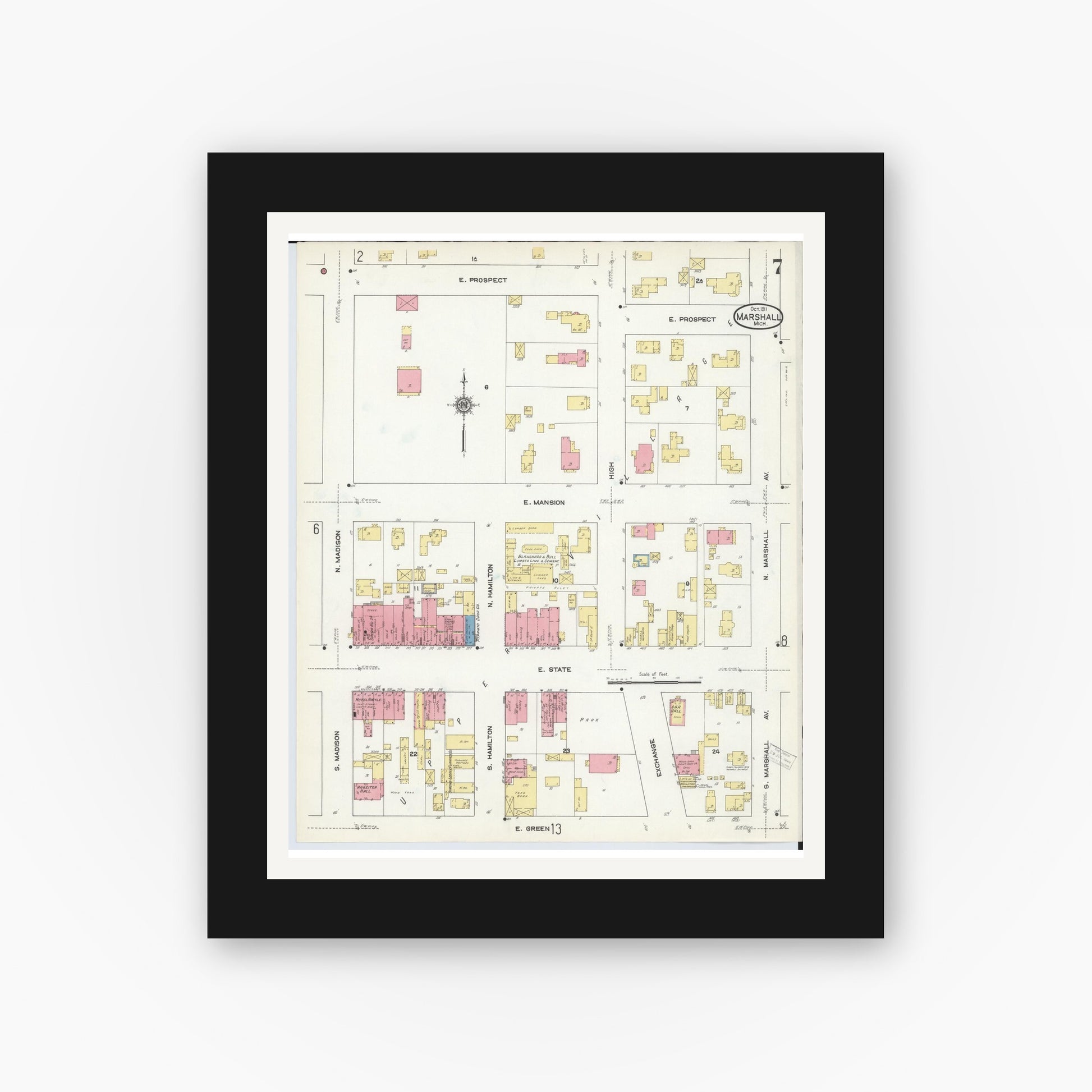 Old map wall art mockup — black gallery frame with white mat — Sanborn Fire Insurance Map from Marshall, Calhoun County, Michigan (1911), Sheet #0007