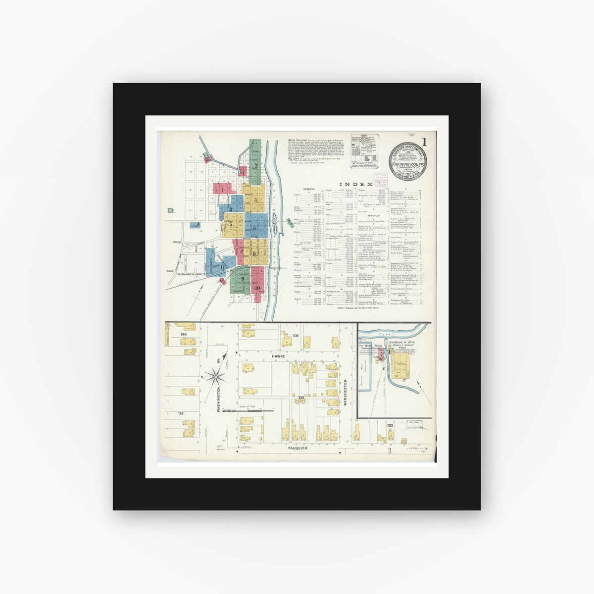 Old map wall art mockup — black gallery frame with white mat — Sanborn Fire Insurance Map from Fredericksburg, Independent Cities, Virginia (1907) - Complete Map Set