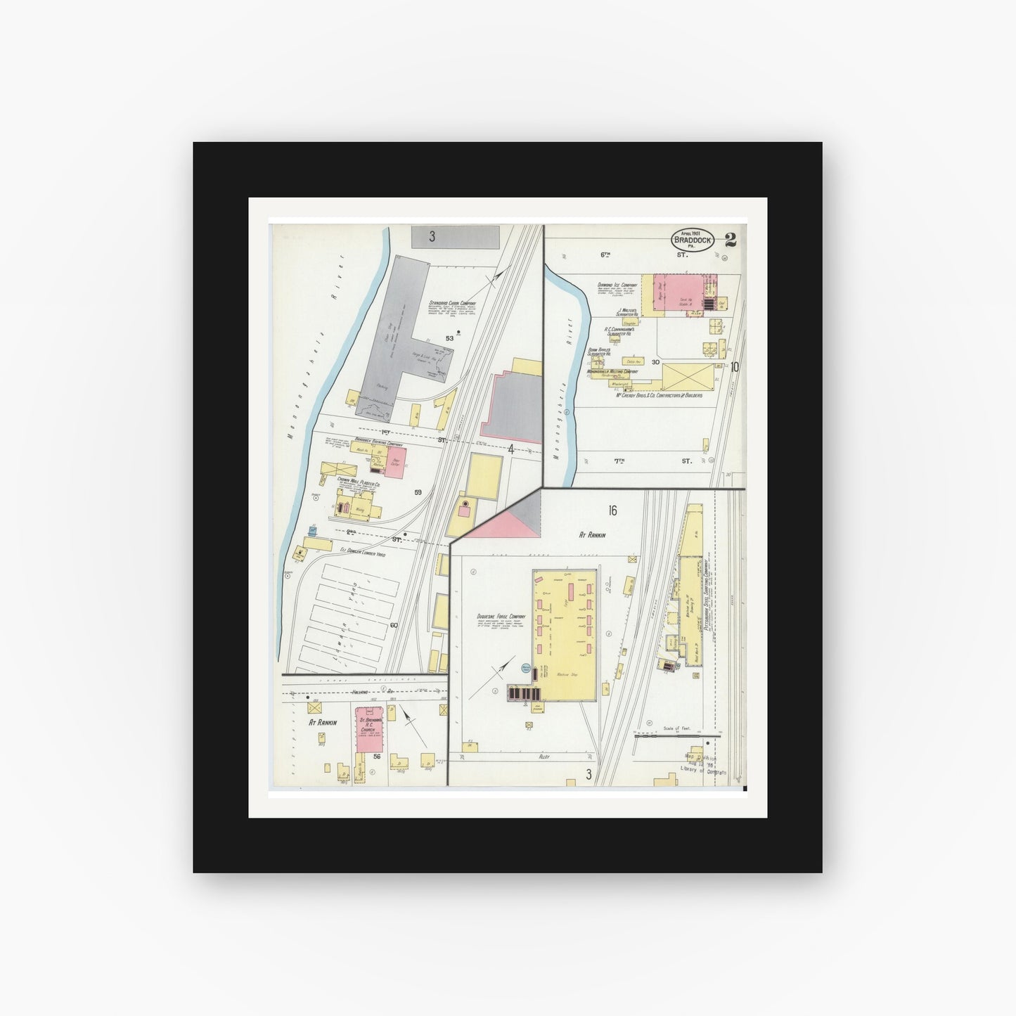 Old map wall art mockup — black gallery frame with white mat — Sanborn Fire Insurance Map from Braddock, Allegheny County, Pennsylvania (1901), Sheet #0002