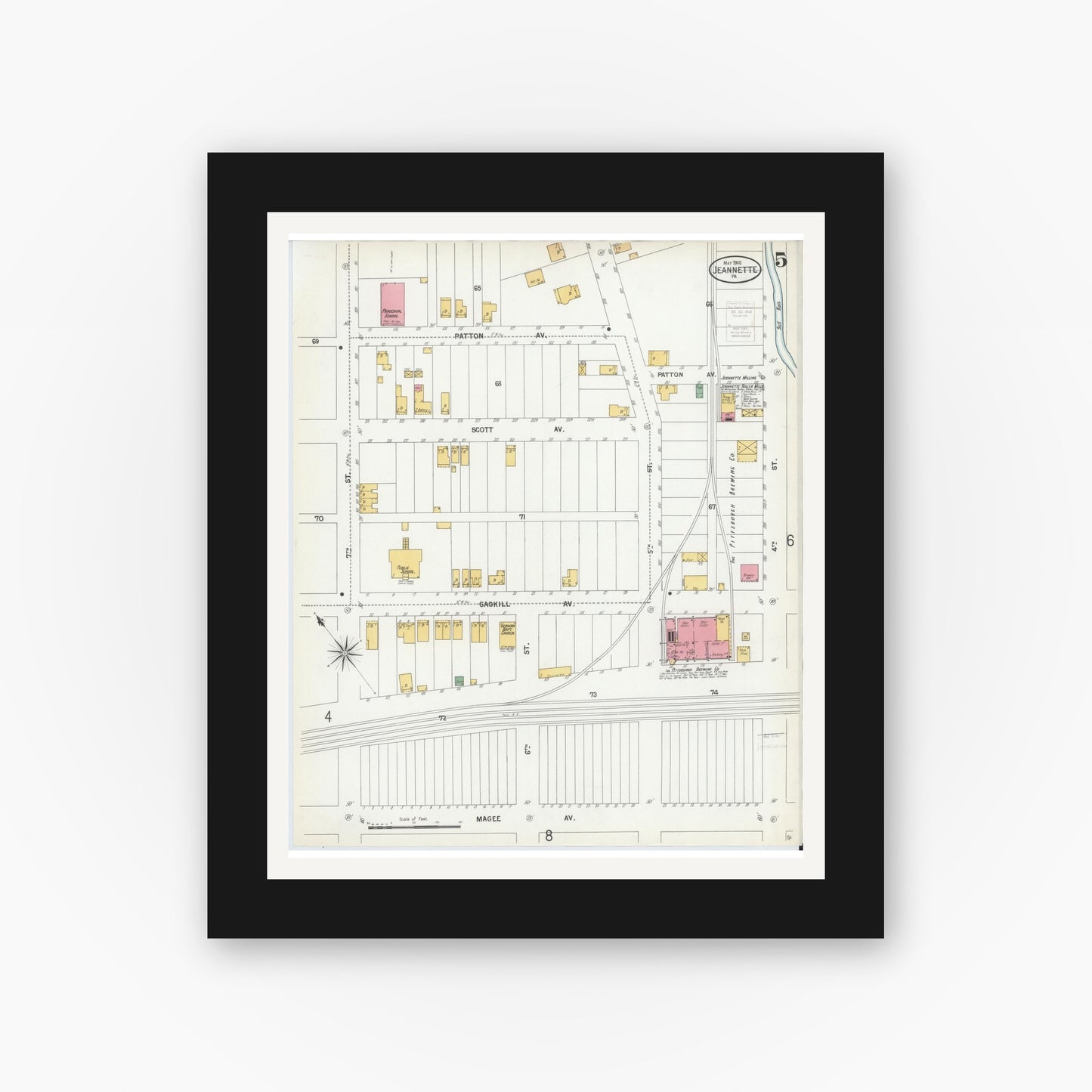 Old map wall art mockup — black gallery frame with white mat — Sanborn Fire Insurance Map from Jeannette, Westmoreland County, Pennsylvania (1900), Sheet #0005