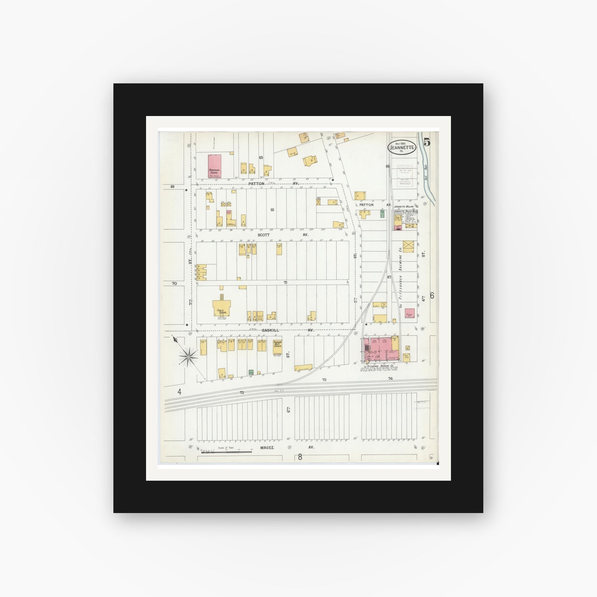 Old map wall art mockup — black gallery frame with white mat — Sanborn Fire Insurance Map from Jeannette, Westmoreland County, Pennsylvania (1900), Sheet #0005