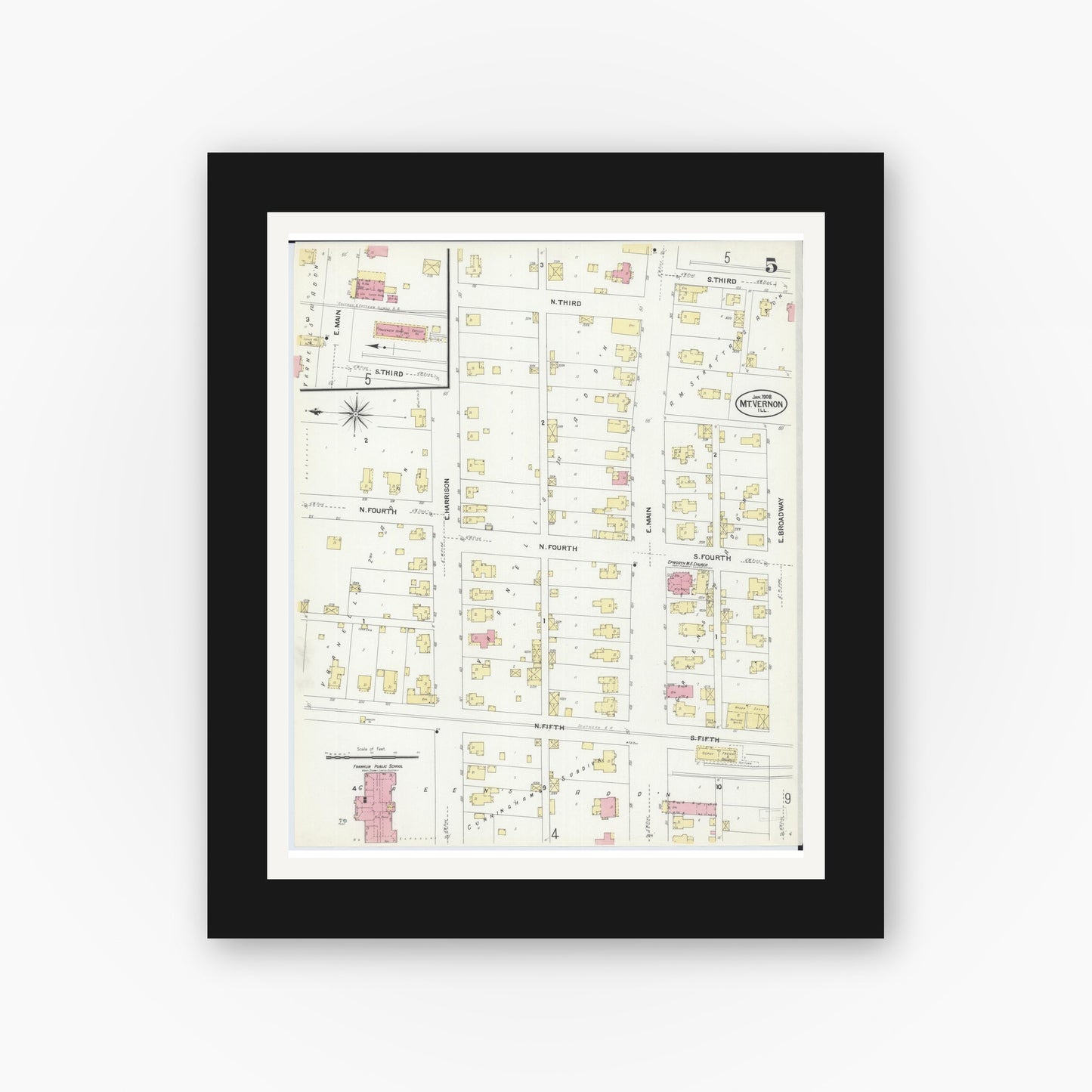 Old map wall art mockup — black gallery frame with white mat — Sanborn Fire Insurance Map from Mount Vernon, Jefferson County, Illinois (1908), Sheet #0005