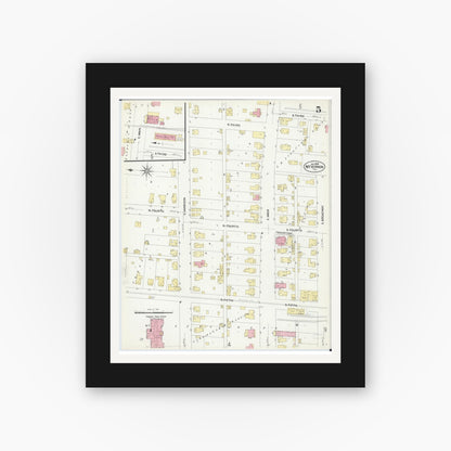 Old map wall art mockup — black gallery frame with white mat — Sanborn Fire Insurance Map from Mount Vernon, Jefferson County, Illinois (1908), Sheet #0005