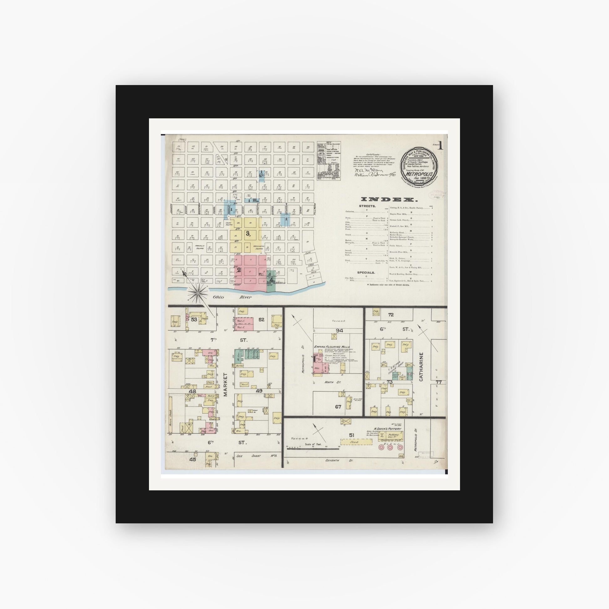 Old map wall art mockup — black gallery frame with white mat — Sanborn Fire Insurance Map from Metropolis, Massac County, Illinois (1888), Sheet #0001