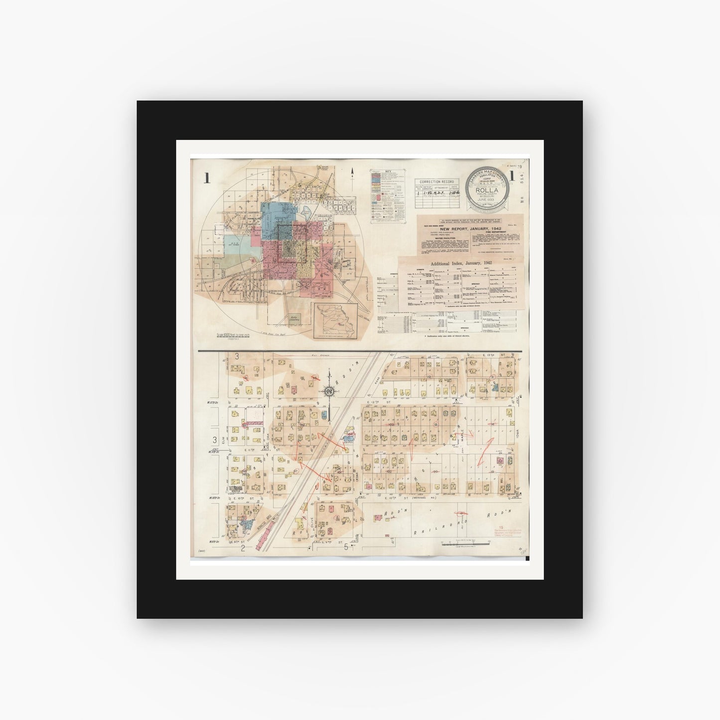 Old map wall art mockup — black gallery frame with white mat — Sanborn Fire Insurance Map from Rolla, Phelps County, Missouri (1948), Sheet #0001