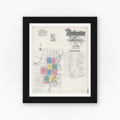 Old map wall art mockup — black gallery frame with white mat — Sanborn Fire Insurance Map from Rochester, Olmsted County, Minnesota (1890) - Complete Map Set