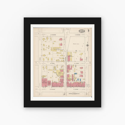 Old map wall art mockup — black gallery frame with white mat — Sanborn Fire Insurance Map from Tecumseh, Lenawee County, Michigan (1922), Sheet #0005