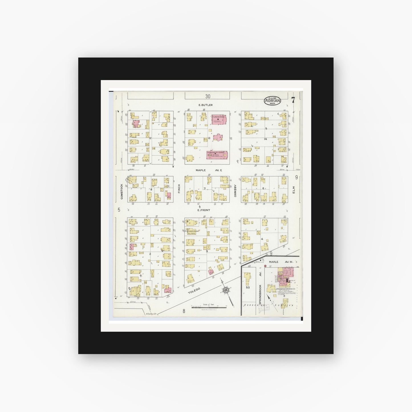 Old map wall art mockup — black gallery frame with white mat — Sanborn Fire Insurance Map from Adrian, Lenawee County, Michigan (1916), Sheet #0007