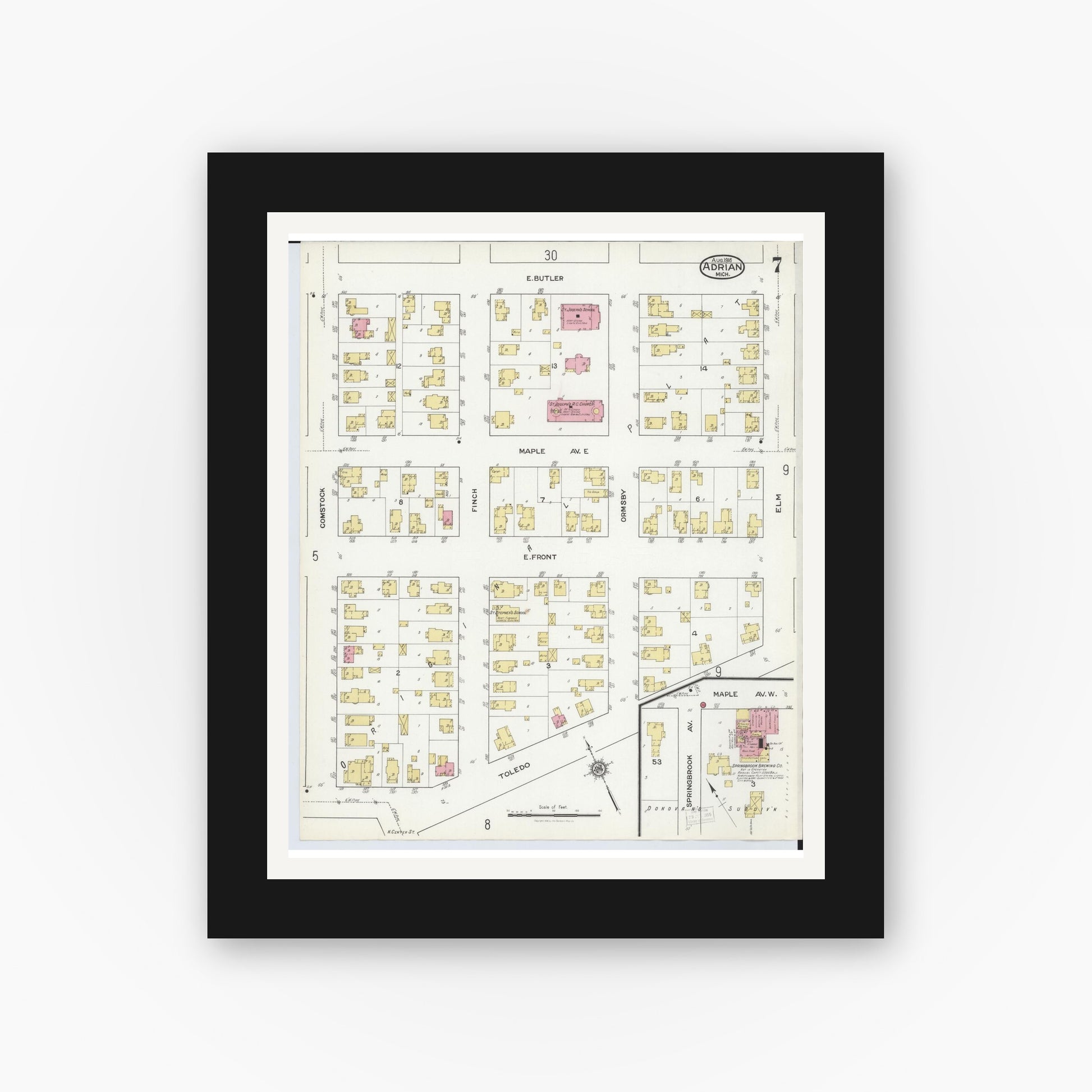 Old map wall art mockup — black gallery frame with white mat — Sanborn Fire Insurance Map from Adrian, Lenawee County, Michigan (1916), Sheet #0007