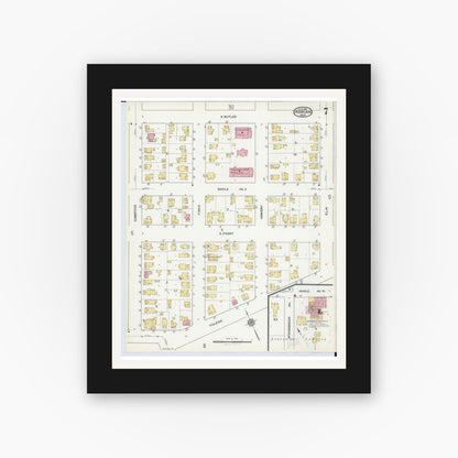 Old map wall art mockup — black gallery frame with white mat — Sanborn Fire Insurance Map from Adrian, Lenawee County, Michigan (1916), Sheet #0007